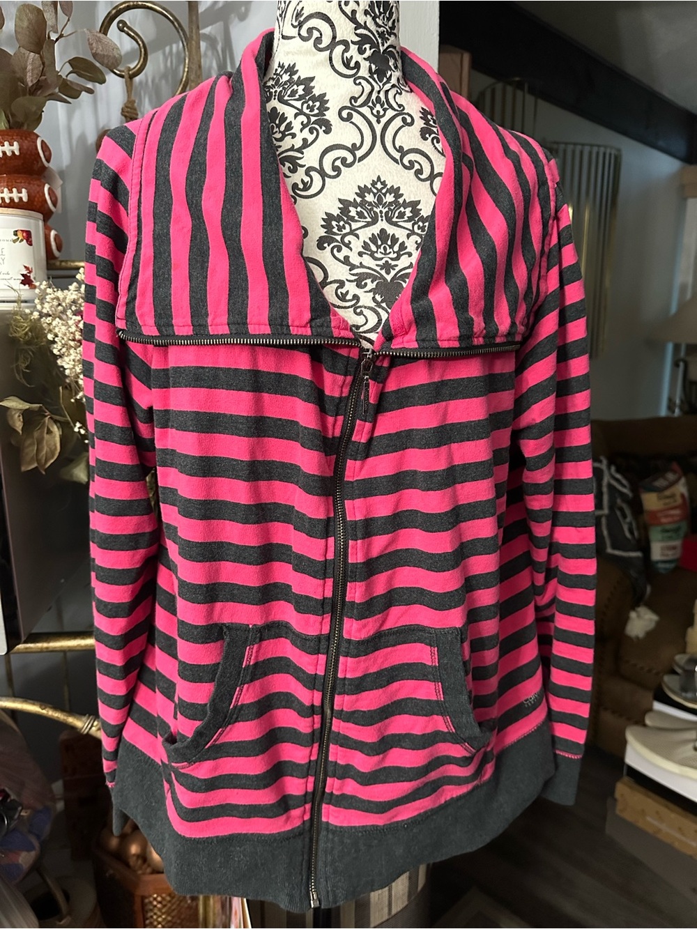 Calvin Klein Performance Pink and Black Striped Zip-Up Bomber Jacket